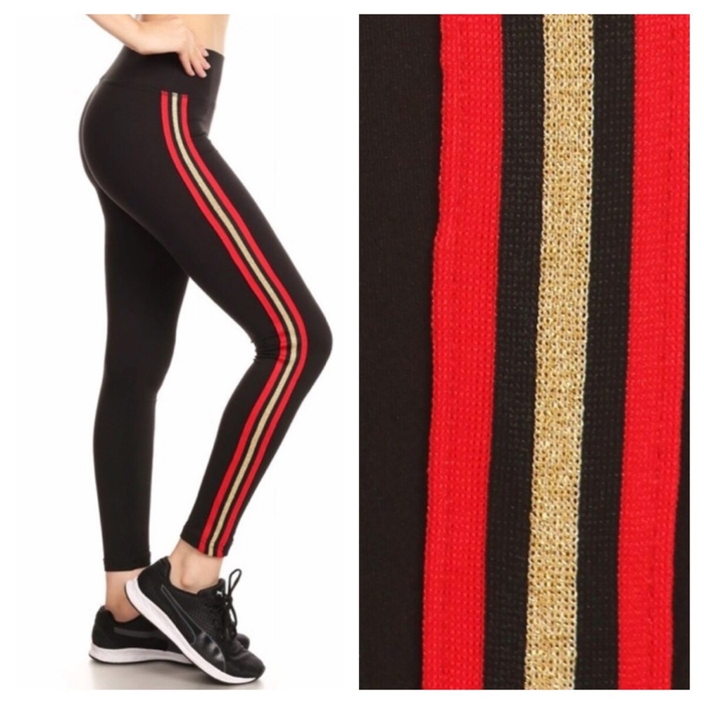 Red and Gold Side Stripes Leggings